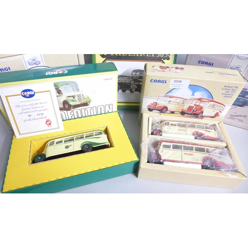 2038 - Four Corgi model buses/coaches, including limited edition Bedford coach and 70th Anniversary Set