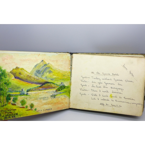 2042 - An early 20th Century keepsake album, including a sketch of Lord Byron dated 1919, WWI related messa... 