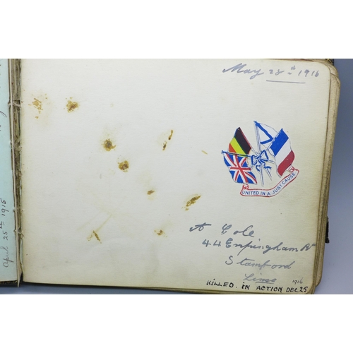 2042 - An early 20th Century keepsake album, including a sketch of Lord Byron dated 1919, WWI related messa... 