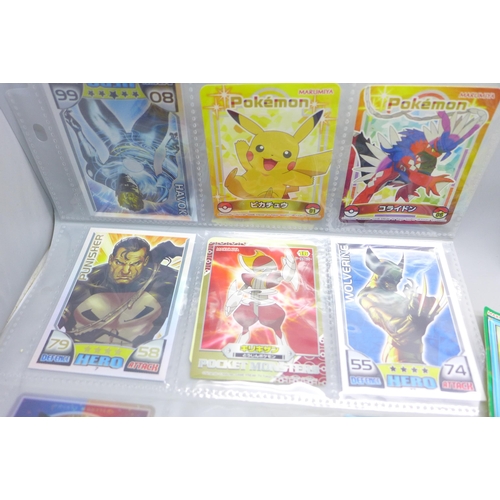 2054 - A collection of Japanese Pokémon cards, some shiny and stickers, also some Topps Hero Attax