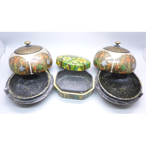 2057 - A pair of papier-mache decorated circular boxes and one other marked hand made in Kashmir