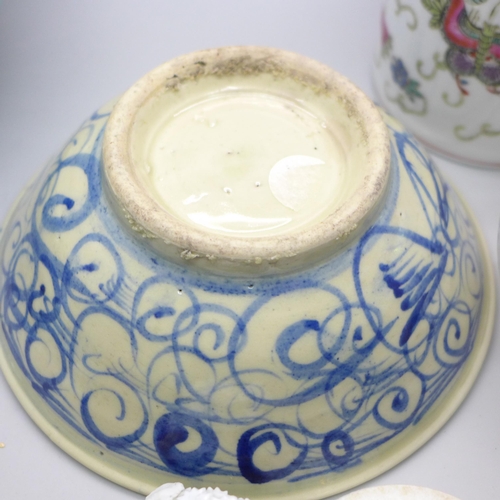 2069 - A 19th Century Staffordshire pen holder in the form of a birds nest, a blue bowl with ribbed detail,... 