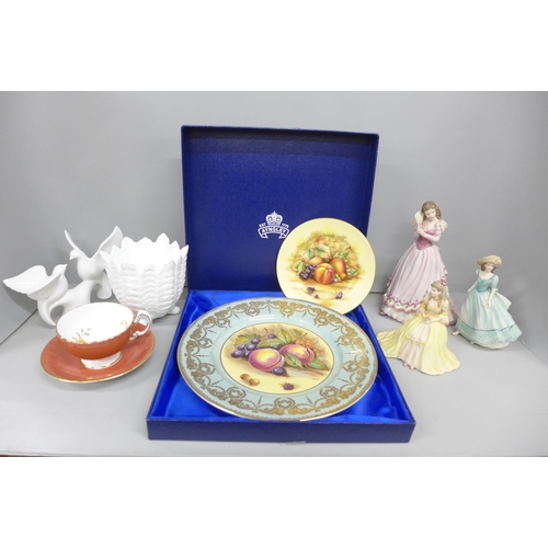 2073 - Three Coalport lady figurines, an Aynsley tea cup and saucer, two Aynsley Orchard Gold plates, a Coa... 