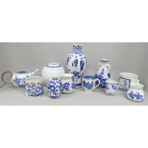 2081 - A collection of blue and white porcelain, includes three vases with character marks, large vase with... 