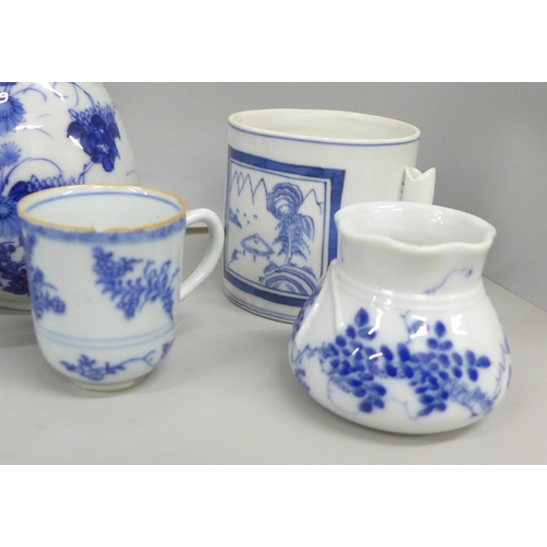 2081 - A collection of blue and white porcelain, includes three vases with character marks, large vase with... 