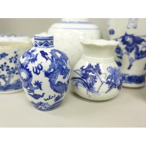 2081 - A collection of blue and white porcelain, includes three vases with character marks, large vase with... 