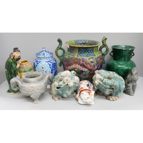 A collection of oriental vases and pots, includes a pair of turquoise ...