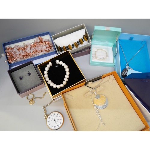 2101 - A collection of jewellery, a pocket watch, wristwatches, two pairs of silver earrings, etc.