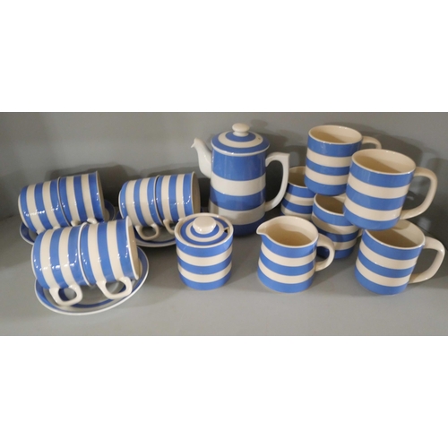 2130 - A collection of T.G. Green Cloverleaf blue and white striped pattern kitchen ware, comprising of but... 