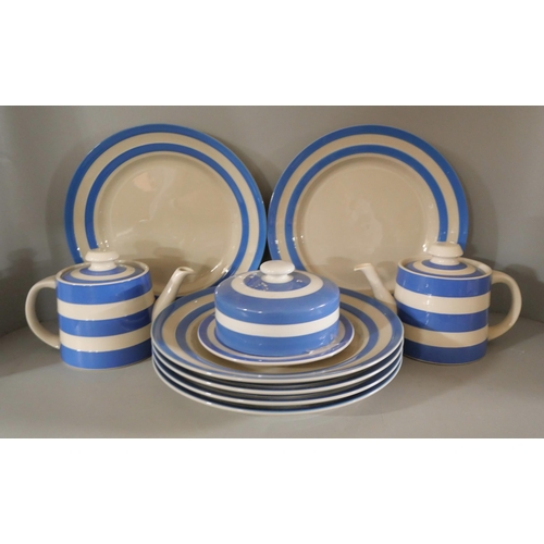 2130 - A collection of T.G. Green Cloverleaf blue and white striped pattern kitchen ware, comprising of but... 