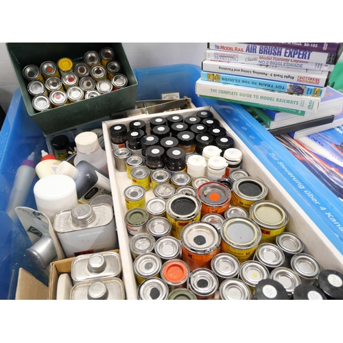 2160 - A large collection of modelling paints, instruction DVDs, model rail related, DVDs and a part model ... 