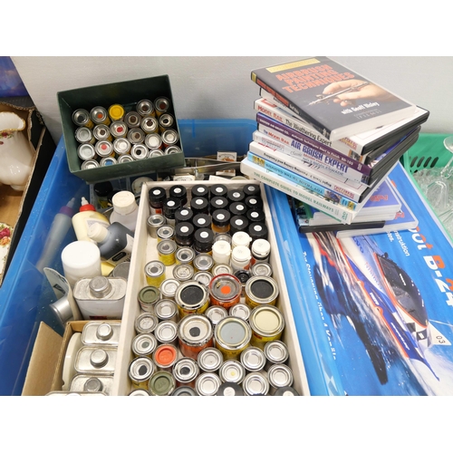 2160 - A large collection of modelling paints, instruction DVDs, model rail related, DVDs and a part model ... 