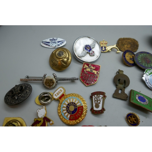 2163 - A collection of badges, etc., including enamelled Union Jack, 1960 Olympics equestrian badge, some a... 