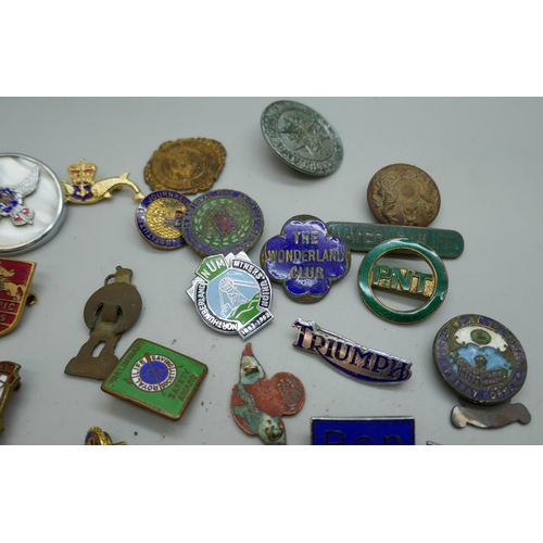 2163 - A collection of badges, etc., including enamelled Union Jack, 1960 Olympics equestrian badge, some a... 