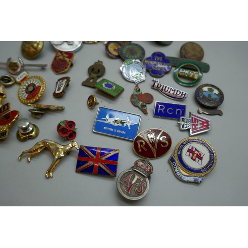 2163 - A collection of badges, etc., including enamelled Union Jack, 1960 Olympics equestrian badge, some a... 