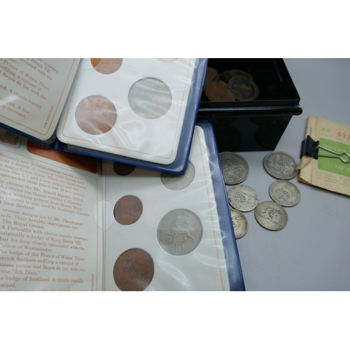 2185 - A collection of coins including 150g of 1920 to 1946 half silver, a silver cased pocket watch, a/f, ... 