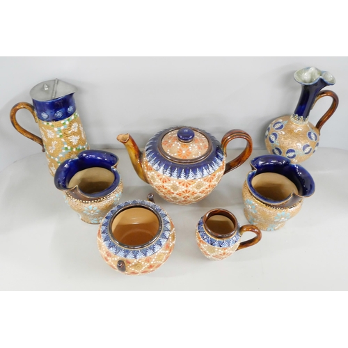 2213 - A three piece Doulton Slaters Patent tea service, pair of Doulton Slaters Patent vases with flared r... 