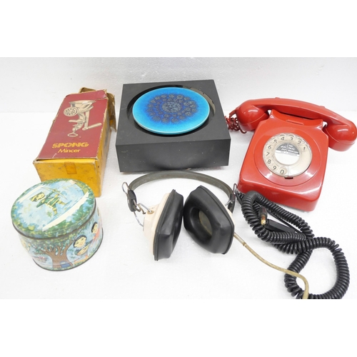 2222 - A red GPO telephone, tin of marbles, spong mincer, Columbia SH21 headphones, etc. **PLEASE NOTE THIS... 