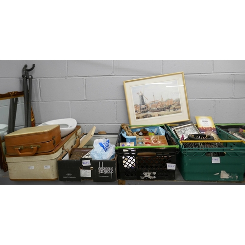 2245 - Six boxes of assorted household items, a print, mirror and tripod, cases, boxes, a large Bell's whis... 