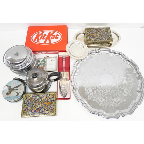 2246 - Three boxes of assorted silver plate and other metalwares including table mirror, blow lamp and bras... 