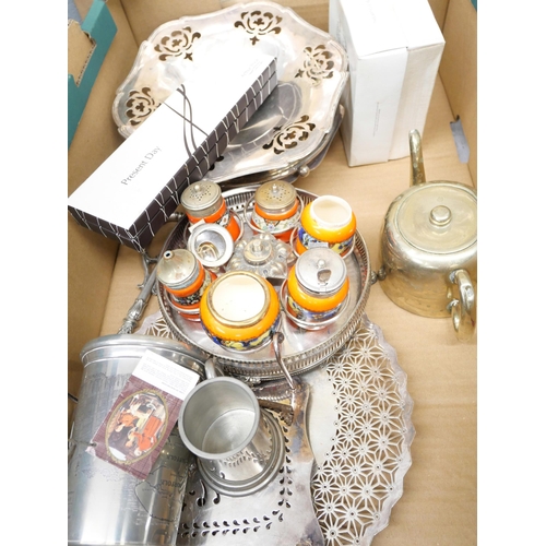 2246 - Three boxes of assorted silver plate and other metalwares including table mirror, blow lamp and bras... 