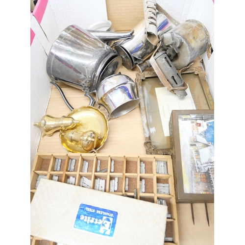 2246 - Three boxes of assorted silver plate and other metalwares including table mirror, blow lamp and bras... 