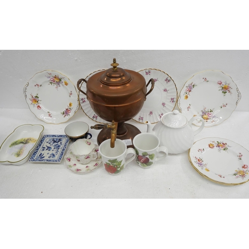 2250 - A copper Samovar and two boxes of decorative china, six Royal Crown Derby, Derby Posies plates, a St... 