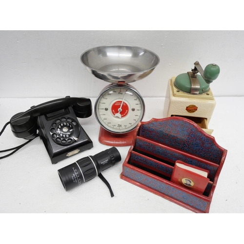 2252 - A vintage Ericsson telephone, a coffee grinder, a set of scales, a letter rack, etc. **PLEASE NOTE T... 