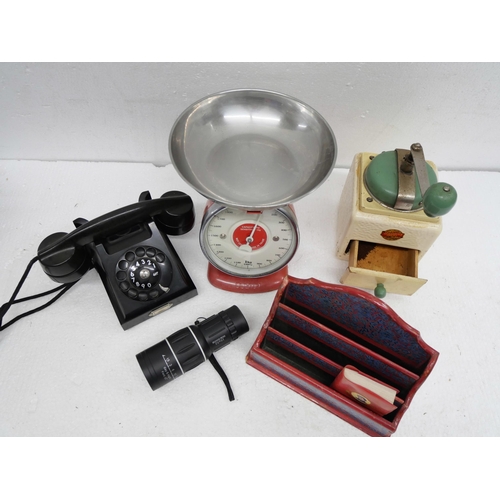 2252 - A vintage Ericsson telephone, a coffee grinder, a set of scales, a letter rack, etc. **PLEASE NOTE T... 