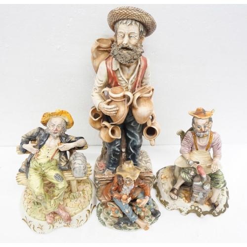 2253 - Two Capodimonte figures, tramp on bench and cobbler and two others in the same style **PLEASE NOTE T... 