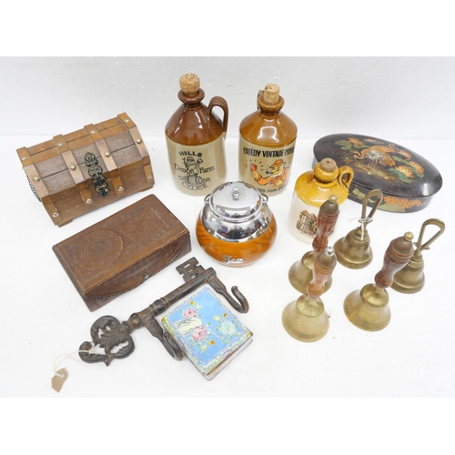 2254 - Three cider bottles, three hand bells, a tea caddy and boxes **PLEASE NOTE THIS LOT IS NOT ELIGIBLE ... 