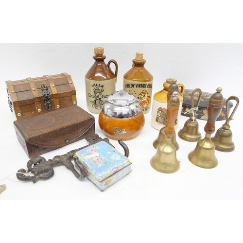 2254 - Three cider bottles, three hand bells, a tea caddy and boxes **PLEASE NOTE THIS LOT IS NOT ELIGIBLE ... 