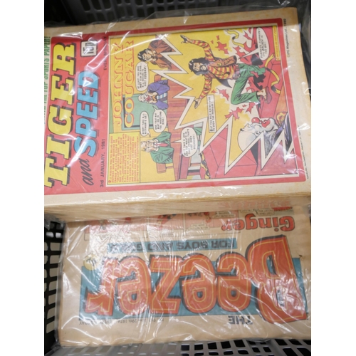 2258 - A box of Tiger, Tier and Speed comics, approximately 100, 1980s and approximately 100 Beezer comics,... 