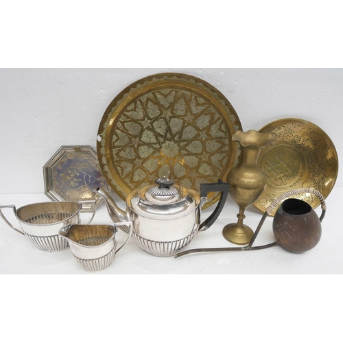 2260 - A three piece silver plated tea service, an Indian brass tray and vase, table lamp and other metalwa... 