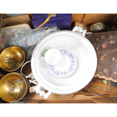 2261 - Oriental papier Mache plates and bowls with gilt detailing, a Crown Derby tea cup and saucer, Norita... 