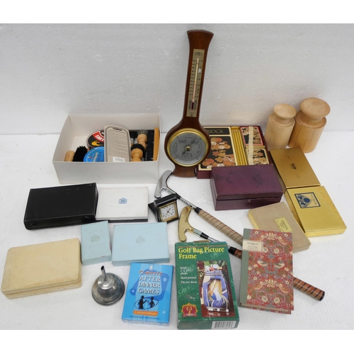 2263 - Assorted items, playing cards, Bridge sets, barometer, novelty telescopic golf club, etc. **PLEASE N... 