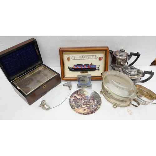 2266 - Two boxes of assorted items, includes a silver plated tea service, wooden jewellery box, a Swiss mad... 