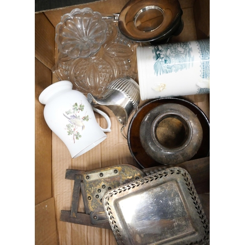 2266 - Two boxes of assorted items, includes a silver plated tea service, wooden jewellery box, a Swiss mad... 