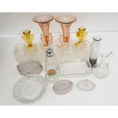 2271 - Two boxes of glass including five 1960s style nobbly glass light shades, a pair of Amber glass candl... 