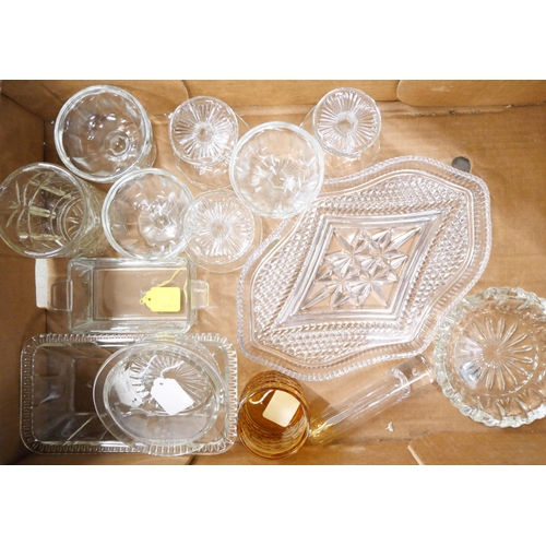 2271 - Two boxes of glass including five 1960s style nobbly glass light shades, a pair of Amber glass candl... 