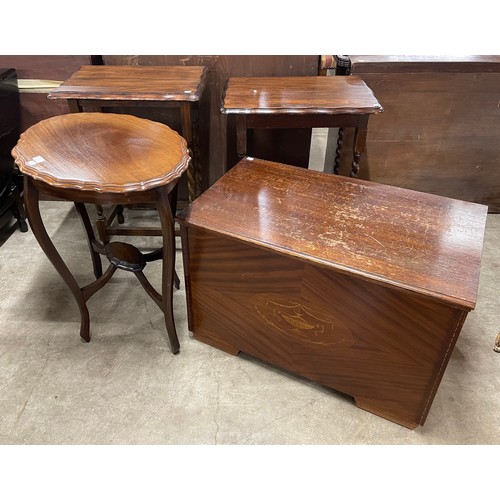 273 - Two oak barleytwist occasional tables, a mahogany blanket box and a mahogany occasional table