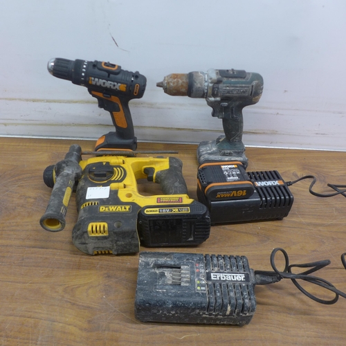 5011 - A quantity of power tools including a Dewalt DCH253, 18V cordless hammer drill with battery, an Erba... 