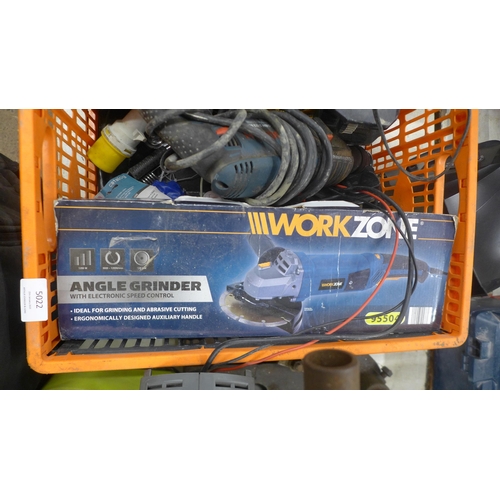 5022 - 2 boxes of assorted power tools including Workzone angle grinder, battery charger, Challenge 12V bat... 