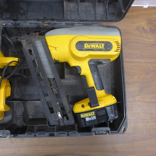 5042 - A cased Dewalt DC618, 18V, 2.6Ah cordless nail gun with 2 batteries and charger