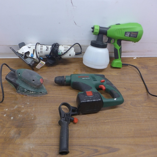 5061 - A quantity of power tools including Mac Allister MSMCS500 detail saw, Bosch PSB14.4 drill, Ginour TP... 