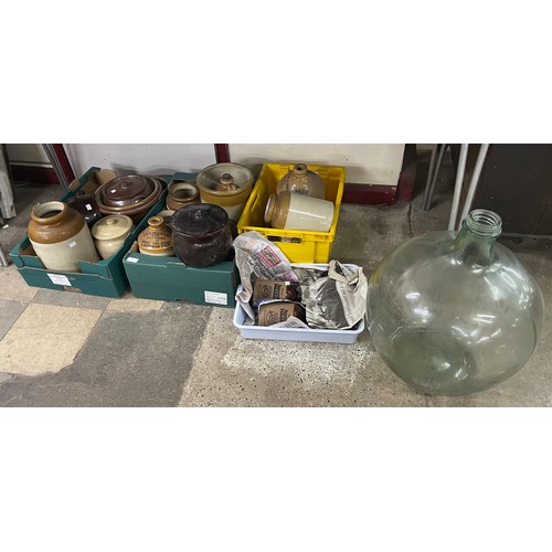 400 - Assorted stoneware flagons and a glass carboy, etc.