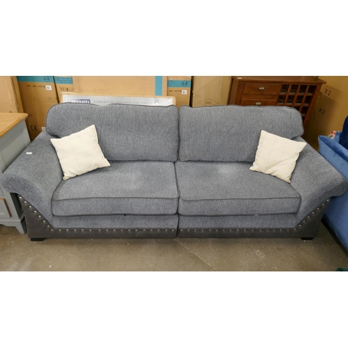 3196 - SCS Noah blue fabric and mahogany effect 4 seater sofa