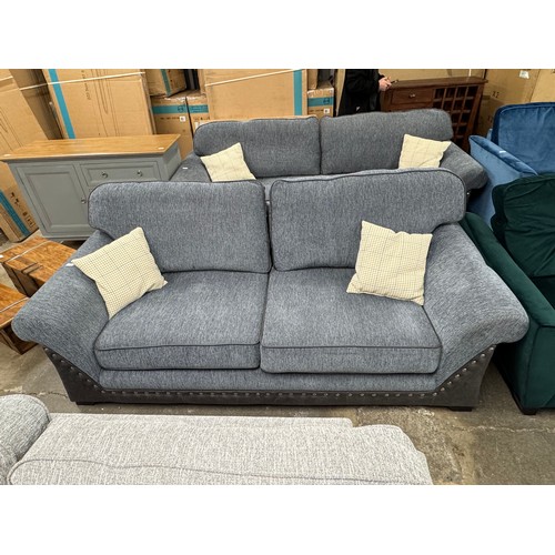 3197 - SCS Noah blue fabric and mahogany effect 3 seater sofa