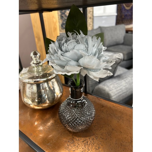 3017 - An artificial duck egg blue Peony in a ball vase (H 23cm), a silver bulbous trinket jar and a mini a... 