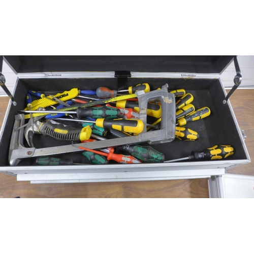 5330 - Four metal tool cases containing various tools including screwdrivers, a hammer, a saw, a Stanley st... 